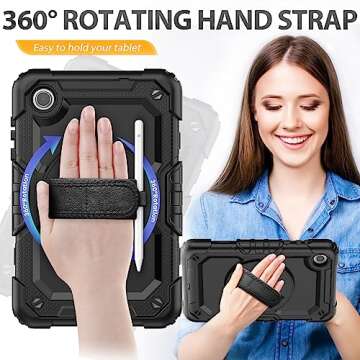 HXCASEAC Case for Lenovo Tab M8 4th Gen 2024/2023 (TB-301FU, TB-300FU), with Screen Protector/Rotating Hand Strap/Sturdy Stand, Protective HD Cover for Lenovo M8 Tablet Case 8 inch, Black
