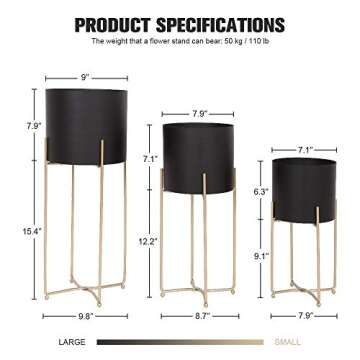 Sinolodo Mid Century Planter with Gold Plant Stand, 3 pcs Modern Planters for Indoor Plants, Metal F...