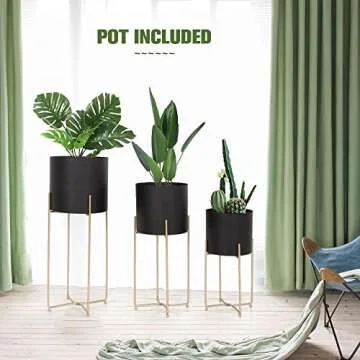 Sinolodo Mid Century Planter with Gold Plant Stand, 3 pcs Modern Planters for Indoor Plants, Metal Floor Planter Set with Foldable Stand(Pack of 3)