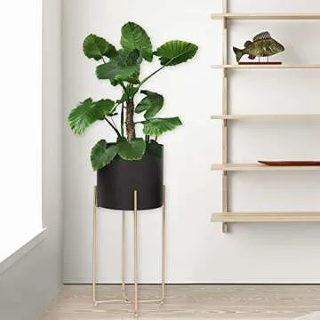 Sinolodo Mid Century Planter with Gold Plant Stand, 3 pcs Modern Planters for Indoor Plants, Metal Floor Planter Set with Foldable Stand(Pack of 3)