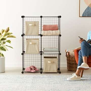 Amazon Basics 6 Storage Shelves with 6 Cube Wire Grid, Stackable Cubes, Black, 14" D x 14" W x 14" H