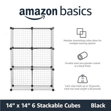 Amazon Basics 6 Storage Shelves with 6 Cube Wire Grid, Stackable Cubes, Black, 14" D x 14" W x 14" H