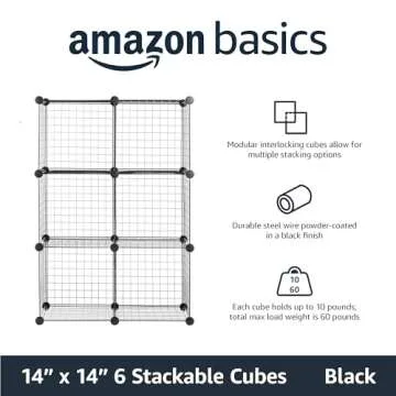 Amazon Basics 6 Storage Shelves with 6 Cube Wire Grid, Stackable Cubes, Black, 14" D x 14" W x 14" H
