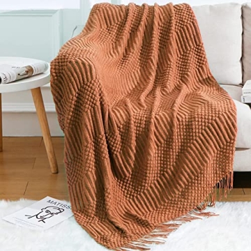 Blagic Knitted Throw Blanket for Couch and Bed, Soft & Cozy Knit Blanket with Tassel, Burnt Orange L...