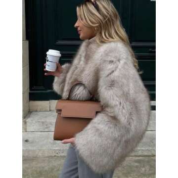 Neo Mint Fluffy Cropped Faux Fur Coat Women 2024 Winter Long Sleeve Pockets Fur Jacket (Grey,Small)