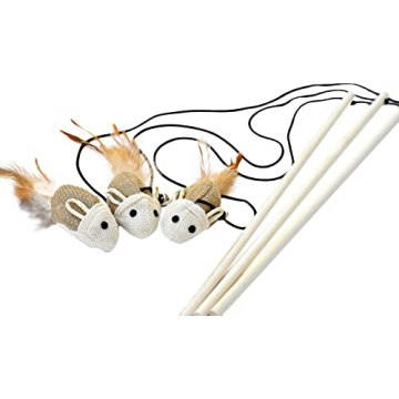 Earthtone Solutions Cat Kitten Teaser Wand Toys, Sisal with Mouse, Bell, Feather, Elastic String, St...