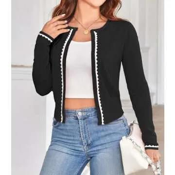 Women's Black Cardigan Sweater Color Block Long Sleeve Crew Neck Knit Cardigan Trendy Cropped Cardig...