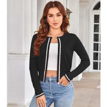Women's Black Cardigan Sweater Color Block Long Sleeve Crew Neck Knit Cardigan Trendy Cropped Cardigan Shrug, L