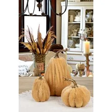 DILATATA 3 Pcs Assorted Faux Sherpa Pumpkins Small Fabric Pumpkins Mini Fake Plush Pumpkins for Fall Decor Halloween Thanksgiving Decor Table Centerpiece Mantel Decor - Khaki