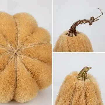 DILATATA 3 Pcs Assorted Faux Sherpa Pumpkins Small Fabric Pumpkins Mini Fake Plush Pumpkins for Fall Decor Halloween Thanksgiving Decor Table Centerpiece Mantel Decor - Khaki