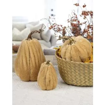 DILATATA 3 Pcs Assorted Faux Sherpa Pumpkins Small Fabric Pumpkins Mini Fake Plush Pumpkins for Fall Decor Halloween Thanksgiving Decor Table Centerpiece Mantel Decor - Khaki