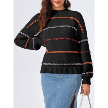 Saodimallsu Womens Striped Pullover Sweater Crewneck Oversized 2024 Fall Trendy Loose Knit Long Lantern Sleeve Sweaters Black
