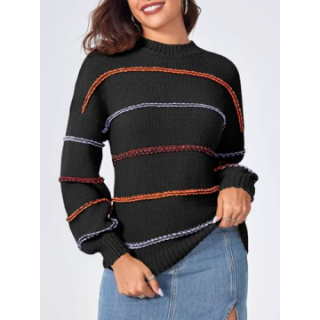 Saodimallsu Womens Striped Pullover Sweater Crewneck Oversized 2024 Fall Trendy Loose Knit Long Lantern Sleeve Sweaters Black