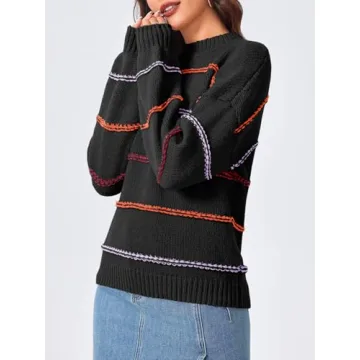 Saodimallsu Womens Striped Pullover Sweater Crewneck Oversized 2024 Fall Trendy Loose Knit Long Lantern Sleeve Sweaters Black