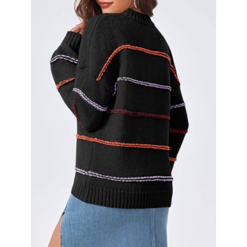 Saodimallsu Womens Striped Pullover Sweater Crewneck Oversized 2024 Fall Trendy Loose Knit Long Lantern Sleeve Sweaters Black