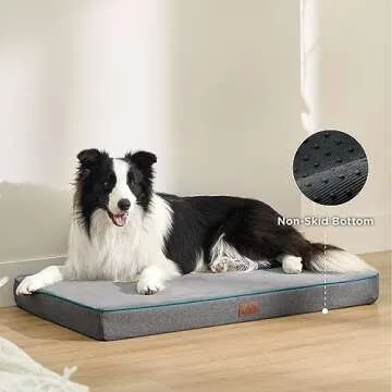 Bedsure Memory Foam Dog Bed for Large Dogs - Orthopedic Waterproof Pet Mat for Crate with Removable Washable Cover and Nonskid Bottom - Water-Resistant Plush Flannel Fleece Top Pet Bed, Grey