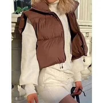 Hixiaohe Women's Winter Crop Vest Puffer Lightweight Stand Collar Padded Vest Zip Up Sleeveless Jacket(Brown,XL)
