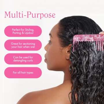 Rizos Curls Wide Tooth Styling Comb, Shower Comb for Detangling, Parting & Styling Comb, Gentle Comb for all Hair Textures, Pink