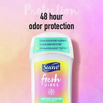 Suave Fresh Vibes Deodorant Stick Aluminum Free 48 Hour Deodorant Protection, Awesome Blossom Dermatologist Tested Body Deodorant 1.2 oz
