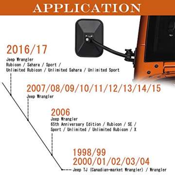 Door Off Mirror for Jeep Wrangler One Pair Rectangular Mirrors fit for 1997~2006 2007~2017 Jeep Wrangler TJ Mirrors For Jeep, Textured Black