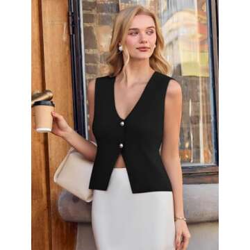 Womens Button Down Sweater Cardigans Fashion Summer 2025 V Neck Sleeveless Crop Knitted Vest Black
