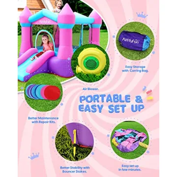AirMyFun Pink Inflatable Toddler Bounce House with Blower, Indoor/Outdoor Jumping Castle for Kids 3-8, Inflatable Bouncy House with Slide, 82011B