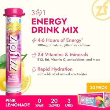 Zipfizz Daily Energy Drink Powder, Pink Lemonade, 20 Pack | 3-in-1 Sustained Energy, Rapid Hydration...