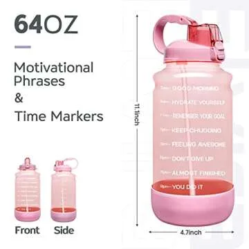 Elvira Half Gallon/64oz Motivational Time Marker Water Bottle with Straw & Protective Silicone Boot, BPA Free Anti-Slip Leakproof for Fitness, Gym and Outdoor Sports