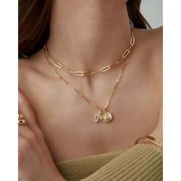 PAVOI 14K Yellow Gold Plated Dainty Hexagon Initial Letter Pendant Layered Necklace Jewelry Gift for Women | Paperclip Layering Chain Necklace | Letter A