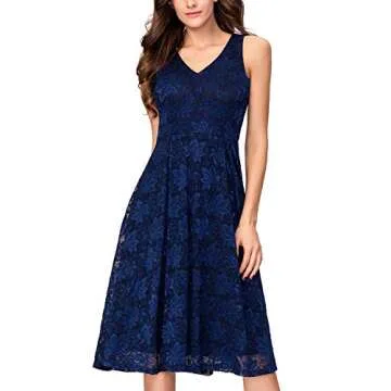 Noctflos Women's Plus Size Elegant Lace Fit & Flare Midi Cocktail Dress for Party Wedding Navy
