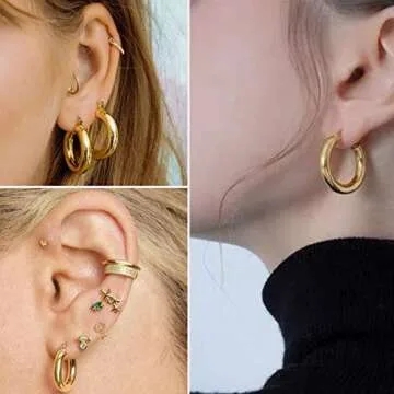 Gold Chunky Hoop Earrings Set for Women Hypoallergenic Thick Open Small Hoop Jewelry for Birthday/Christmas Gifts, 1Pairs