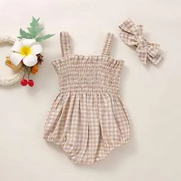 Infant Baby Girls Floral Cotton Strappy Halter Romper Bodysuit and Headband Ruffled Jumpsuit Sunsuit Baby Girl Summer Clothes (Plaid Khaki, 3-6M)