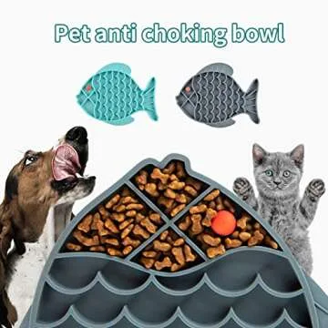 Slow Feeder Cat Bowls, 2 Pack Fish-Shaped Silicone Puzzle Feeders for Healthy Eating & Anxiety Relief - Lick Treat Mat for Dogs & Cats (Blue+Grey)
