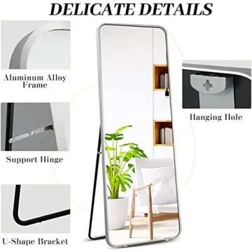 KBXTXM Full Length Mirror 65" x 22" Full Body Mirror Bedroom Dressing Mirror Floor Length Mirror Standing Leaning Hanging, Wall Mirror Aluminum Silver Frame