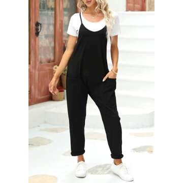 Fisoew Women's Summer Sleeveless Loose Casual V Neck Jumpsuits Spaghetti Strap Long Pants Baggy Overalls with Pockets