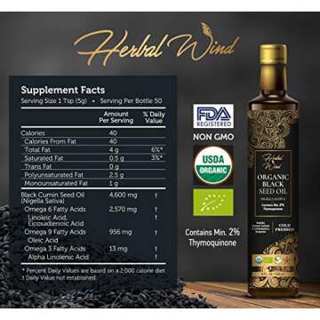 Herbal Wind Black Seed Oil: Cold Pressed USDA Organic Black Seed Oil Liquid - Turkish Nigella Sativa Black Cumin Seed Oil with Min. 2% Thymoquinone for Immune Support, Joint Health and More - 8 Fl Oz