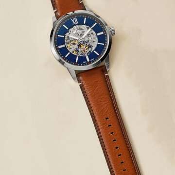 Fossil Men's Townsman Automatic Stainless Steel and Leather Two-Hand Skeleton Watch, Color: Silver, Brown (Model: ME3110)