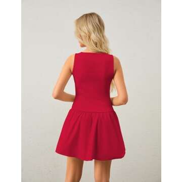 Ymejia Women's Flowy Mini Tank Dress Sleeveless Boat Neck Solid Slim Fit Puffy Beach Short Summer Dresses Red, Small