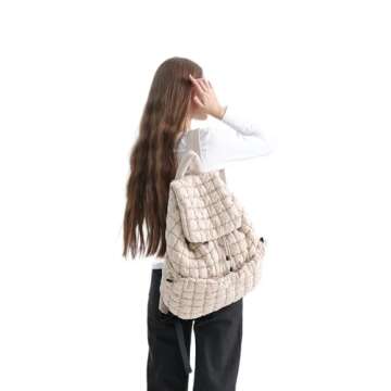 VAKAER Puffer Backpack for Women Lightweight Quilted Hiker Pack Drawstring Padding Backpacks for Travel Gym (Beige)