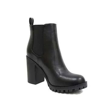 Soda Glove - Ankle Boot w/Lug Sole Elastic Gore and Chunky Heel (6, Black (PU))