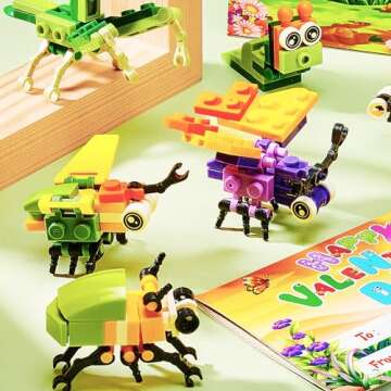 Partylamb Valentines Day Gifts for Kids - 24 Packs Insect Building Blocks with Kids Valentines Day C...