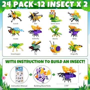 Partylamb Valentines Day Gifts for Kids - 24 Packs Insect Building Blocks with Kids Valentines Day Cards for Classroom School Kids Boys Girls, Valentines Gifts Party Favors Class Prizes Toy Exchange