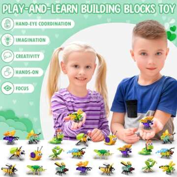 Partylamb Valentines Day Gifts for Kids - 24 Packs Insect Building Blocks with Kids Valentines Day Cards for Classroom School Kids Boys Girls, Valentines Gifts Party Favors Class Prizes Toy Exchange