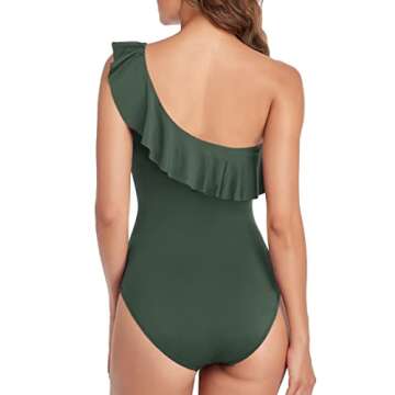 Hilor Women's Push Up One Piece Swimsuits One Shoulder Swimwear Vintage Tummy Control Bathing Suits Dark Army Green 8