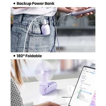 Gaiatop Portable Handheld Fan, Mini Rechargeable Folding Fans with Power Bank USB Battery Operated, Small Pocket Design for Eyelash Girls Women Travel Outdoor Purple