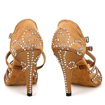 DLisiting Womens Ballroom Dance Shoes Brown Satin Rhinestone Salsa 4'' Heel Latin Dance Shoes (US9)