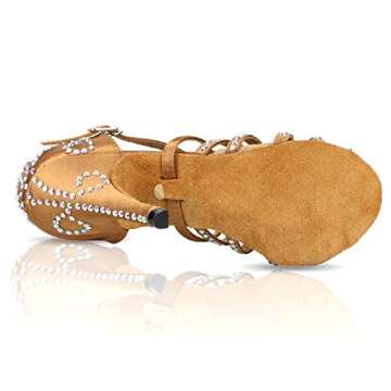DLisiting Womens Ballroom Dance Shoes Brown Satin Rhinestone Salsa 4'' Heel Latin Dance Shoes (US9)