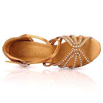 DLisiting Womens Ballroom Dance Shoes Brown Satin Rhinestone Salsa 4'' Heel Latin Dance Shoes (US9)