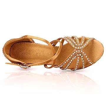 DLisiting Womens Ballroom Dance Shoes Brown Satin Rhinestone Salsa 4'' Heel Latin Dance Shoes (US9)
