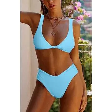 geluboao Teens High Waisted Bikini 2 Piece High Cut Full Coverage Swimsuits Sexy Kont Front Push Up Bikini Set Light Blue M